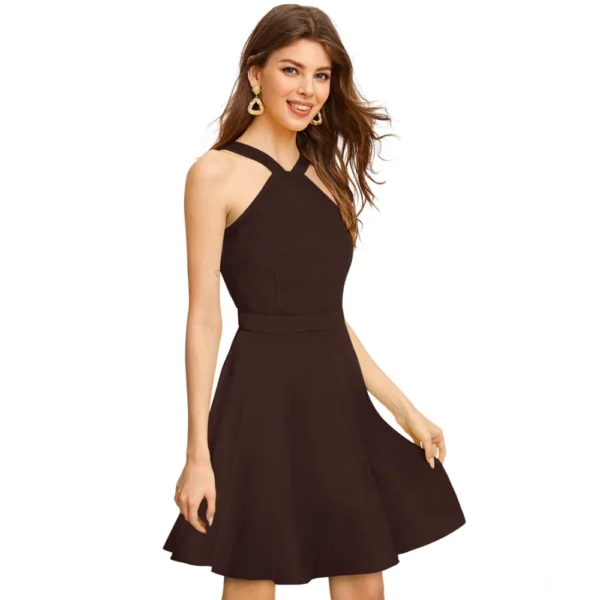 Women's Knitting stretchable Solid Halter Neck Sleeveless Dress (Coffee) - Image 2