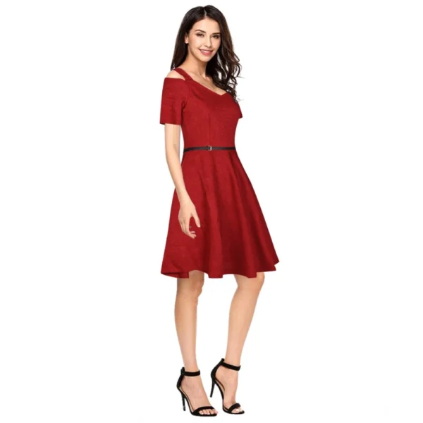 Women's Polyester Solid V Neck Cap Sleeve Dress (Maroon) - Image 4