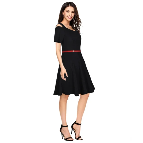 Women's Polyester Solid V Neck Cap Sleeve Dress (Black) - Image 2