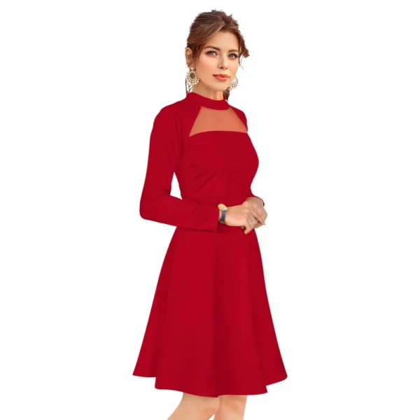 Women's Knitting stretchable Solid Round Neck Full Sleeve Dress (Red) - Image 4