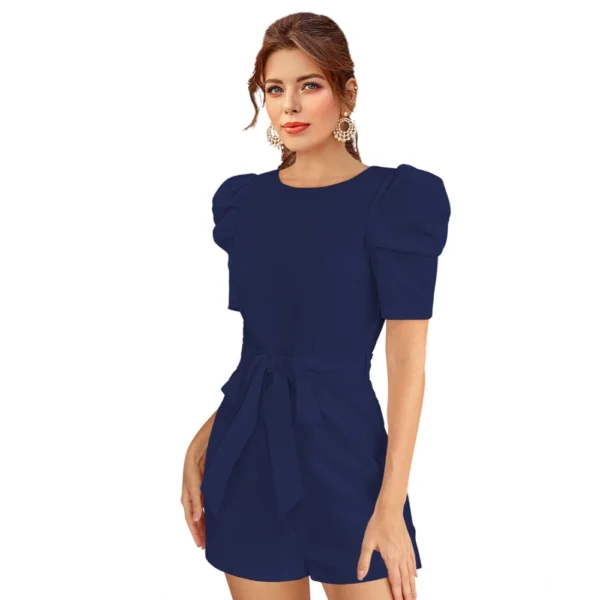 Women's Knitting stretchable Solid Round Neck 3-4 Puff Sleeve Dress (Blue) - Image 2