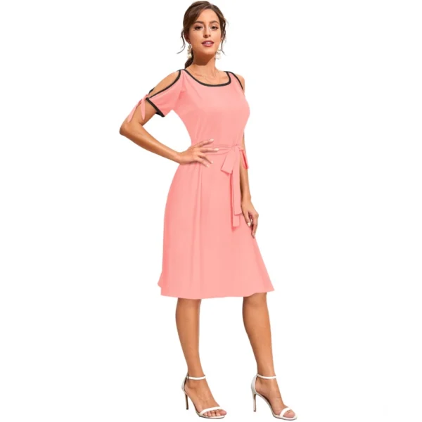 Women's Knitting stretchable Solid Round Neck Sleeveless Dress (Peach) - Image 4