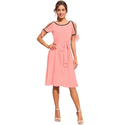 Women's Knitting stretchable Solid Round Neck Sleeveless Dress (Peach)
