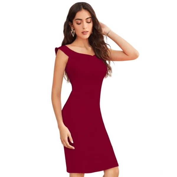 Women's Knitting stretchable Solid Round Neck Sleeveless Dress (Maroon) - Image 4