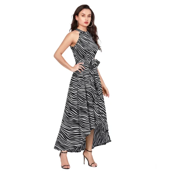 Women's Polyester Zebra Pattern Halter Neck Sleeveless Dress (Navy Blue) - Image 5