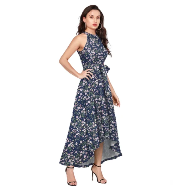 Women's Polyester Printed Halter Neck Sleeveless Dress (Blue) - Image 4