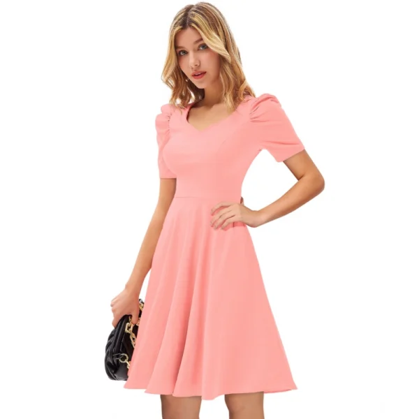 Women's Knitting stretchable Solid V Neck Cap Sleeve Dress (Peach) - Image 2