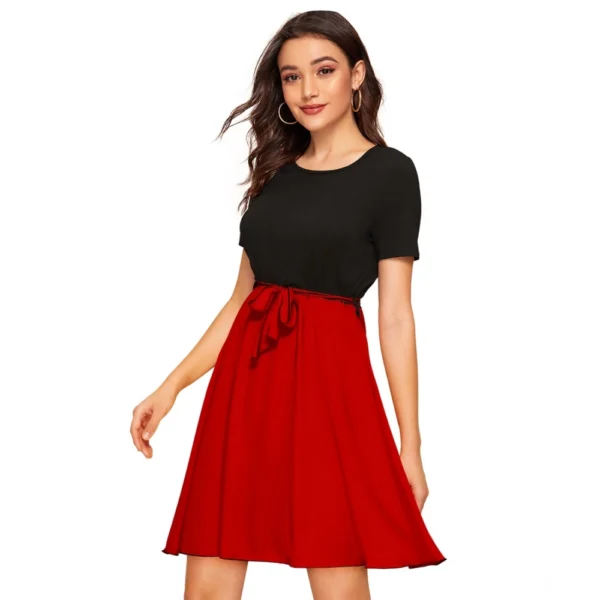 Women's Knitting stretchable Solid Round Neck Cap Sleeve Dress (Red) - Image 2