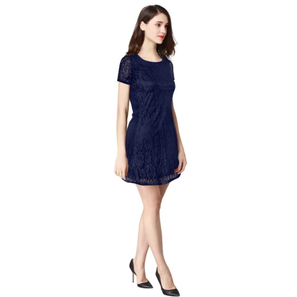 Women's Rasal Solid Round Neck Cap Sleeve Dress (Blue) - Image 4