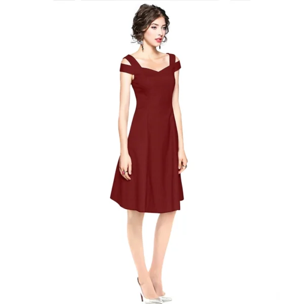 Women's Polyester Solid V Neck Cap Sleeve off Shoulder Dress (Maroon) - Image 4