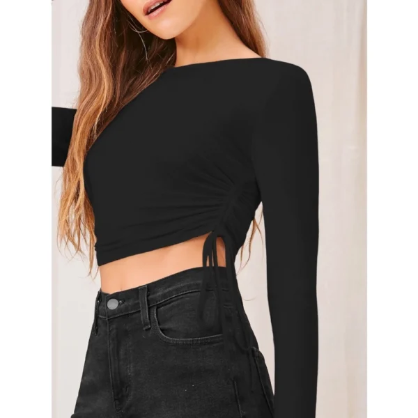 Women's Polyester Solid Round Neck Full Sleeve Top (Black) - Image 4