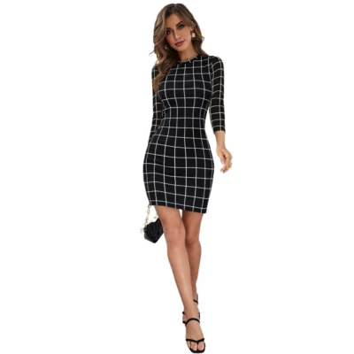 Women's Polyester Solid High Neck Full Sleeve Dress (Black)