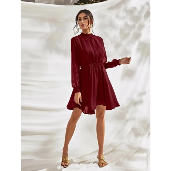 Women's Fox Georgette Solid High Neck Full Sleeve Dress (Maroon) - Image 2