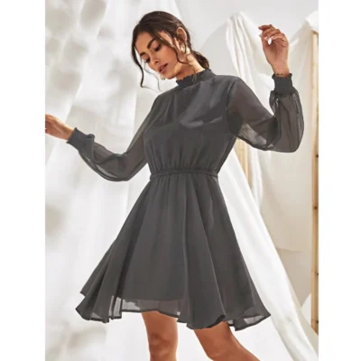Women's Fox Georgette Solid High Neck Full Sleeve Dress (Grey)
