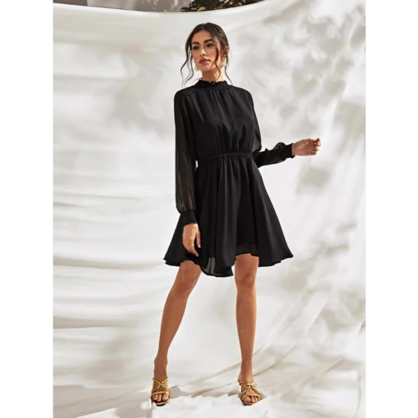 Women's Fox Georgette Solid High Neck Full Sleeve Dress (Black) - Image 4