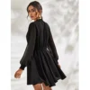 Women's Fox Georgette Solid High Neck Full Sleeve Dress (Black) - Image 5