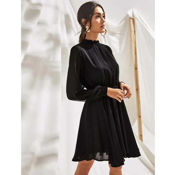 Women's Fox Georgette Solid High Neck Full Sleeve Dress (Black) - Image 2
