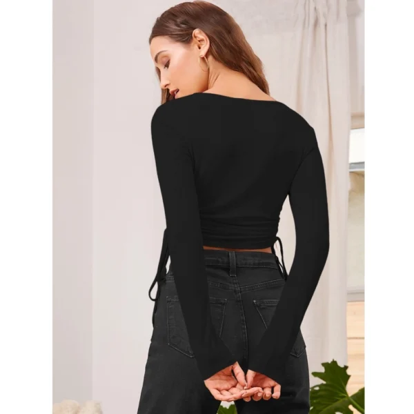 Women's Polyester Solid Round Neck Full Sleeve Top (Black) - Image 5