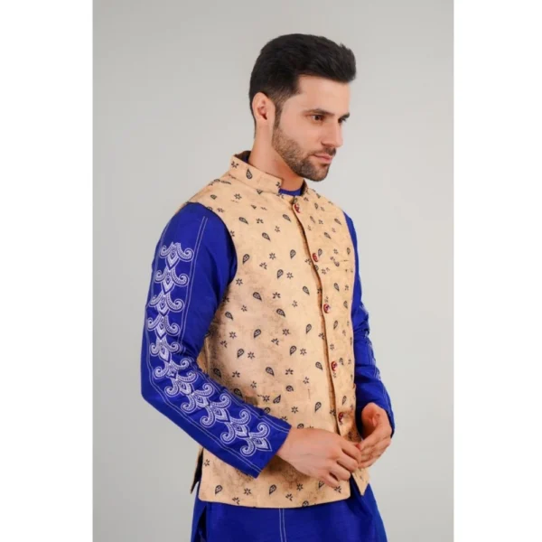 Men's Jacquard Self-Design Sleeveless Mandarin Neck Waistcoat (Beige) - Image 4