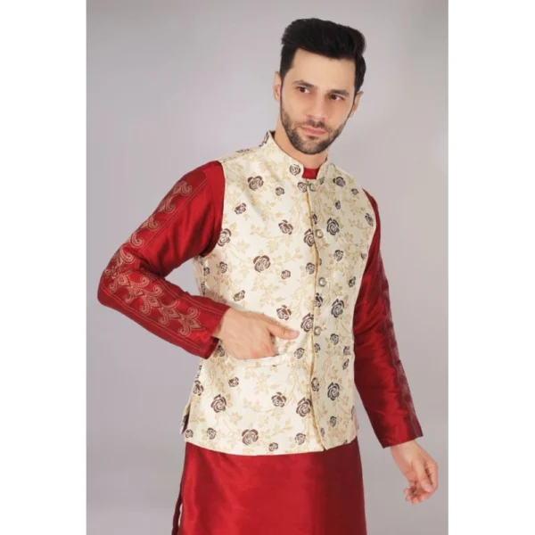 Men's Jacquard Self-Design Sleeveless Mandarin Neck Waistcoat (Cream) - Image 4