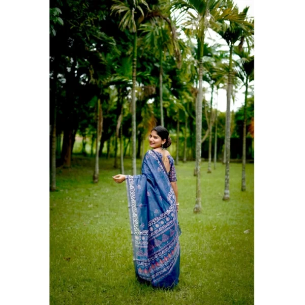 Generic Women's Cotton Printed Saree With Unstitched Blouse (Blue, 5.5 Mtr) - Image 2