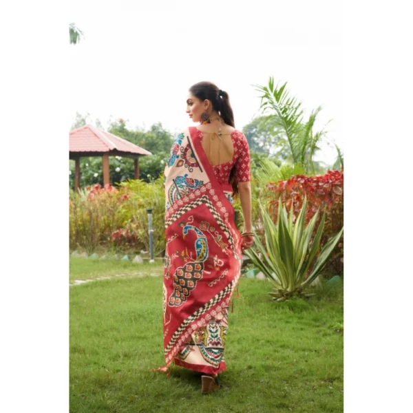 Generic Women's Tussar Silk Printed Saree With Unstitched Blouse (Maroon, 5.5 Mtr) - Image 3