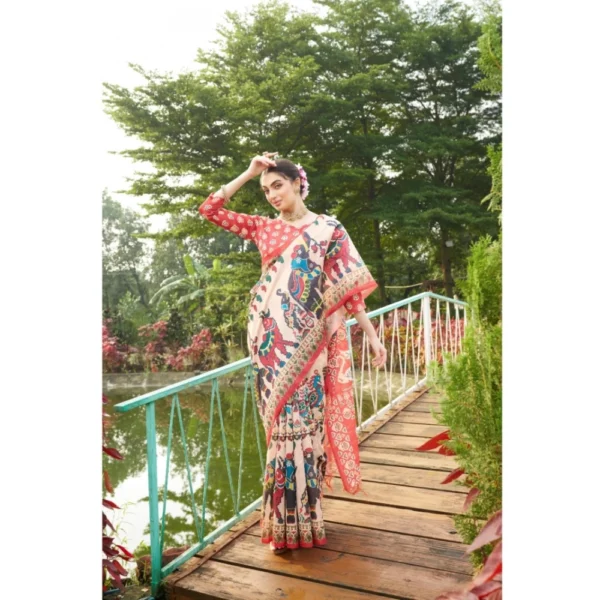 Generic Women's Tussar Silk Printed Saree With Unstitched Blouse (Maroon, 5.5 Mtr) - Image 4