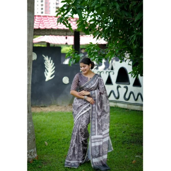Generic Women's Cotton Printed Saree With Unstitched Blouse (Grey, 5.5 Mtr) - Image 2