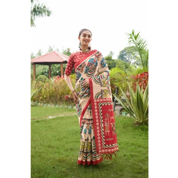 Generic Women's Tussar Silk Printed Saree With Unstitched Blouse (Maroon, 5.5 Mtr) - Image 2