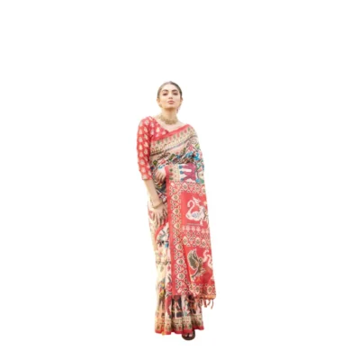 Generic Women's Tussar Silk Printed Saree With Unstitched Blouse (Maroon, 5.5 Mtr)