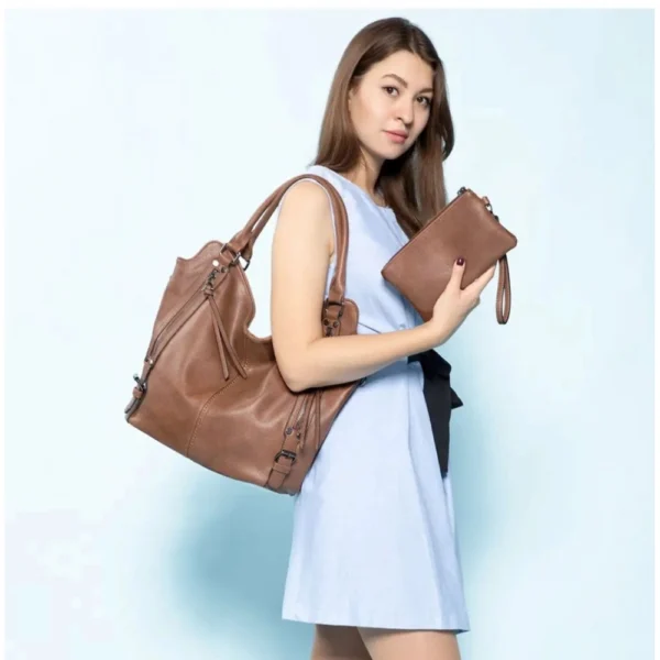 Women's PU Leather Large Shoulder Zipper Handbag (Brown) - Image 4