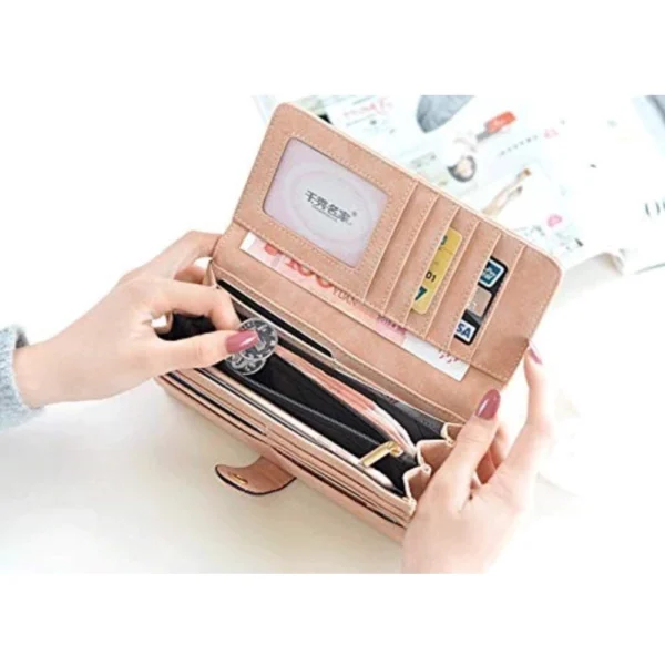Women's Faux Leather Medium Snap Button Wallet (Brown) - Image 4