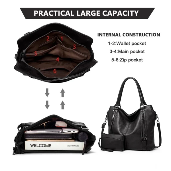 Women's PU Leather Large Shoulder Zipper Handbag (Black) - Image 3