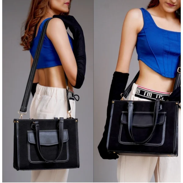 Women's Canvas Medium Top handle Satchel Zipper Handbag (Black) - Image 2