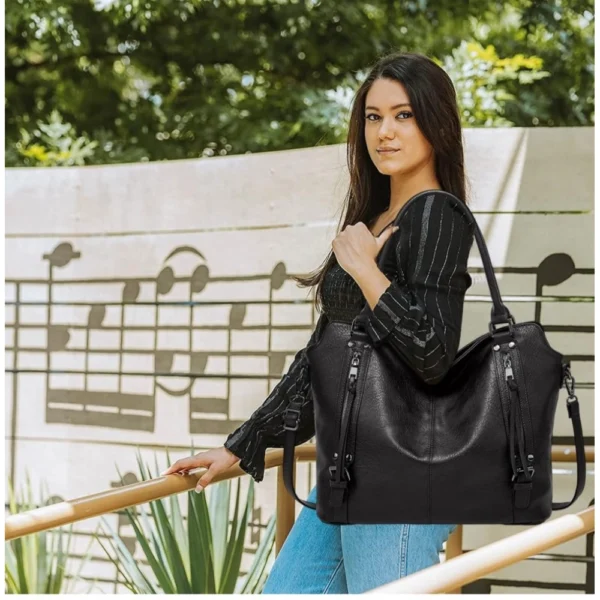 Women's PU Leather Large Shoulder Zipper Handbag (Black) - Image 2