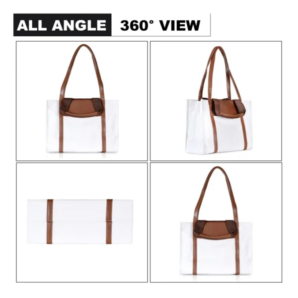 Women's Canvas Medium Top handle Satchel Zipper Handbag (White) - Image 4
