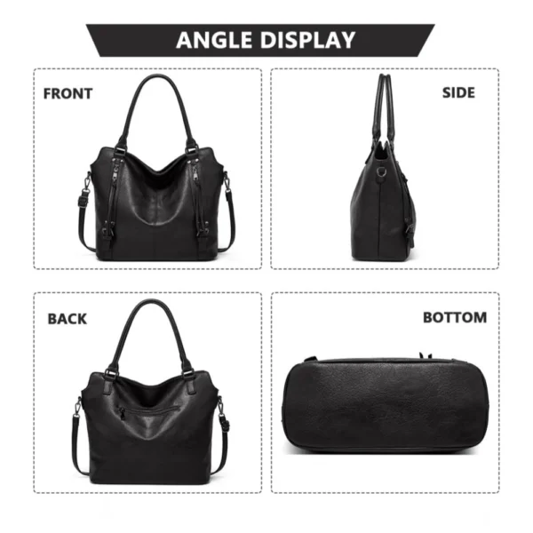 Women's PU Leather Large Shoulder Zipper Handbag (Black) - Image 4
