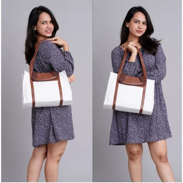 Women's Canvas Medium Top handle Satchel Zipper Handbag (White) - Image 3