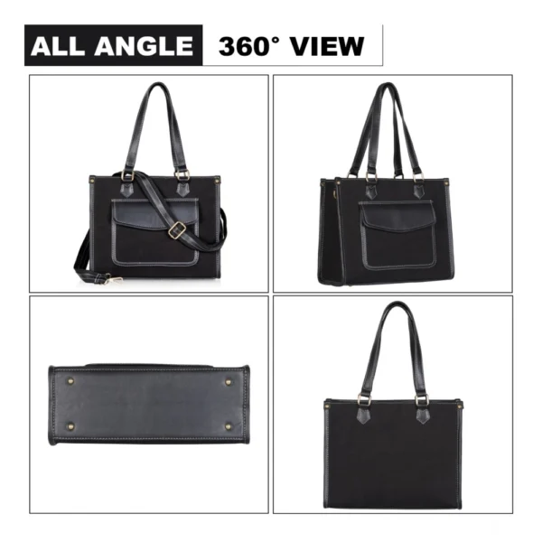 Women's Canvas Medium Top handle Satchel Zipper Handbag (Black) - Image 4