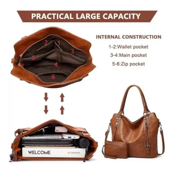 Women's PU Leather Large Shoulder Zipper Handbag (Brown) - Image 2