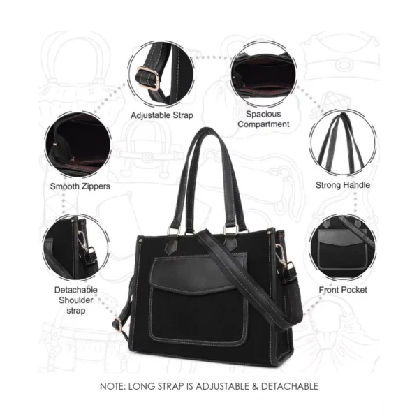 Women's Canvas Medium Top handle Satchel Zipper Handbag (Black) - Image 3