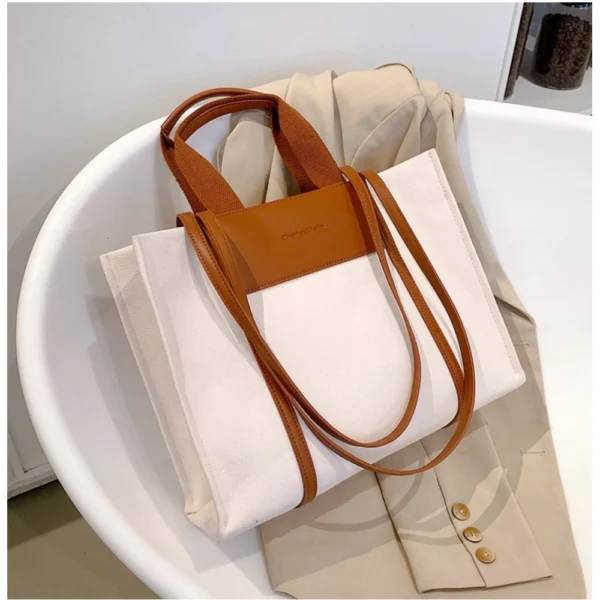 Women's Canvas Medium Top handle Satchel Zipper Handbag (White) - Image 2