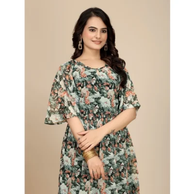 Women's Georgette Printed Round Neck Short Sleeve Dress (Black)