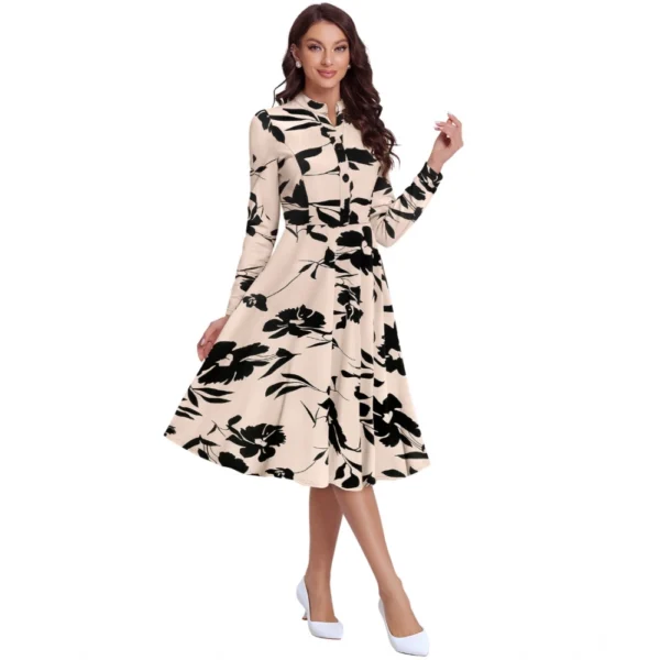Women's Knitting Printed V-Neck Full Sleeve Dress (Cream) - Image 3