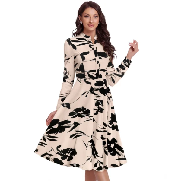 Women's Knitting Printed V-Neck Full Sleeve Dress (Cream) - Image 6