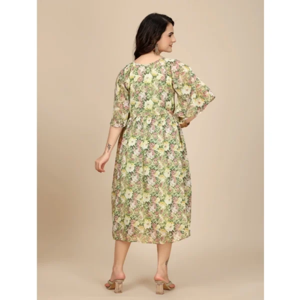 Women's Georgette Printed Round Neck Short Sleeve Dress (Green) - Image 3