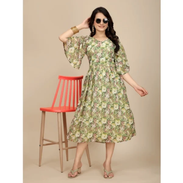 Women's Georgette Printed Round Neck Short Sleeve Dress (Green) - Image 5