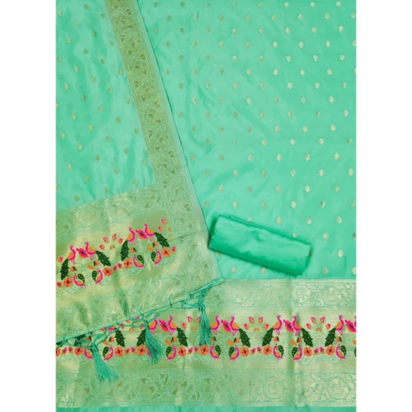 Women's Banarasi Silk Printed Unstitched Salwar Suit Material With Dupatta (Seagreen, 3Mtrs) - Image 3