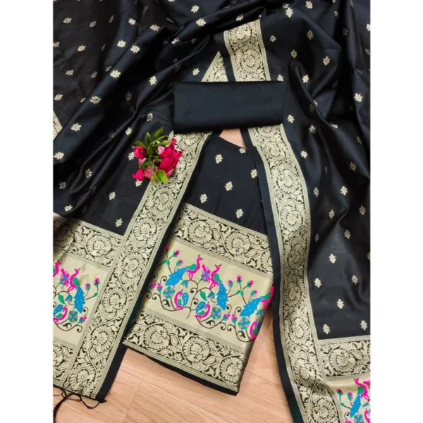 Women's Banarasi Silk Printed Unstitched Salwar Suit Material With Dupatta (Black, 3Mtrs) - Image 4
