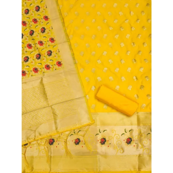 Women's Banarasi Silk Printed Unstitched Salwar Suit Material With Dupatta (Yellow, 3Mtrs) - Image 2
